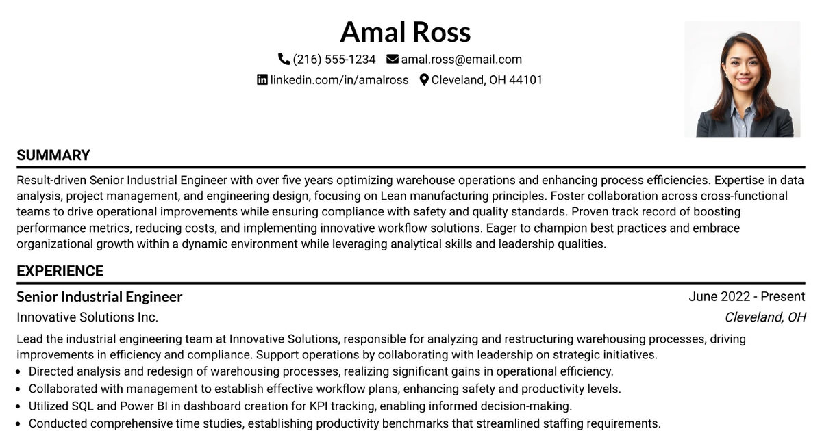 33 SR Industrial Engineer Resume Templates with Example 2026 (ATS-Optimized)