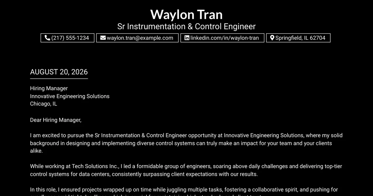 30+ Sr Instrumentation & Control Engineer Cover Letter Templates with Example 2026