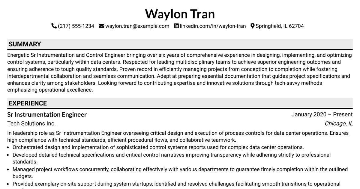33 Sr Instrumentation & Control Engineer Resume Templates with Example 2026 (ATS-Optimized)