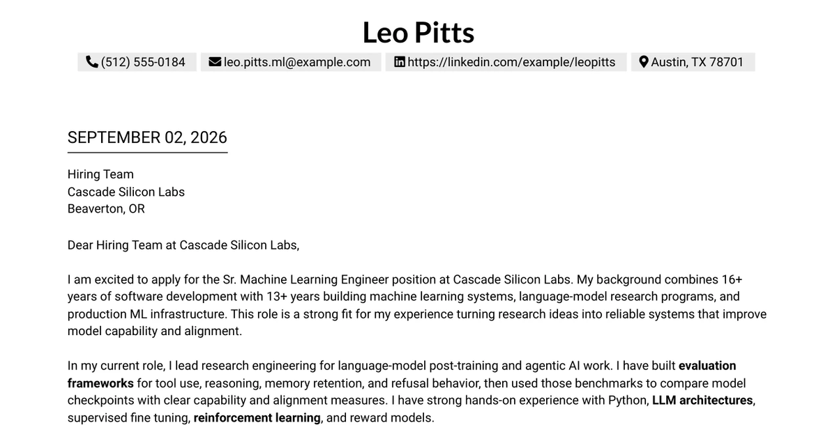 30+ Sr. Machine Learning Engineer Cover Letter Templates with Example 2026