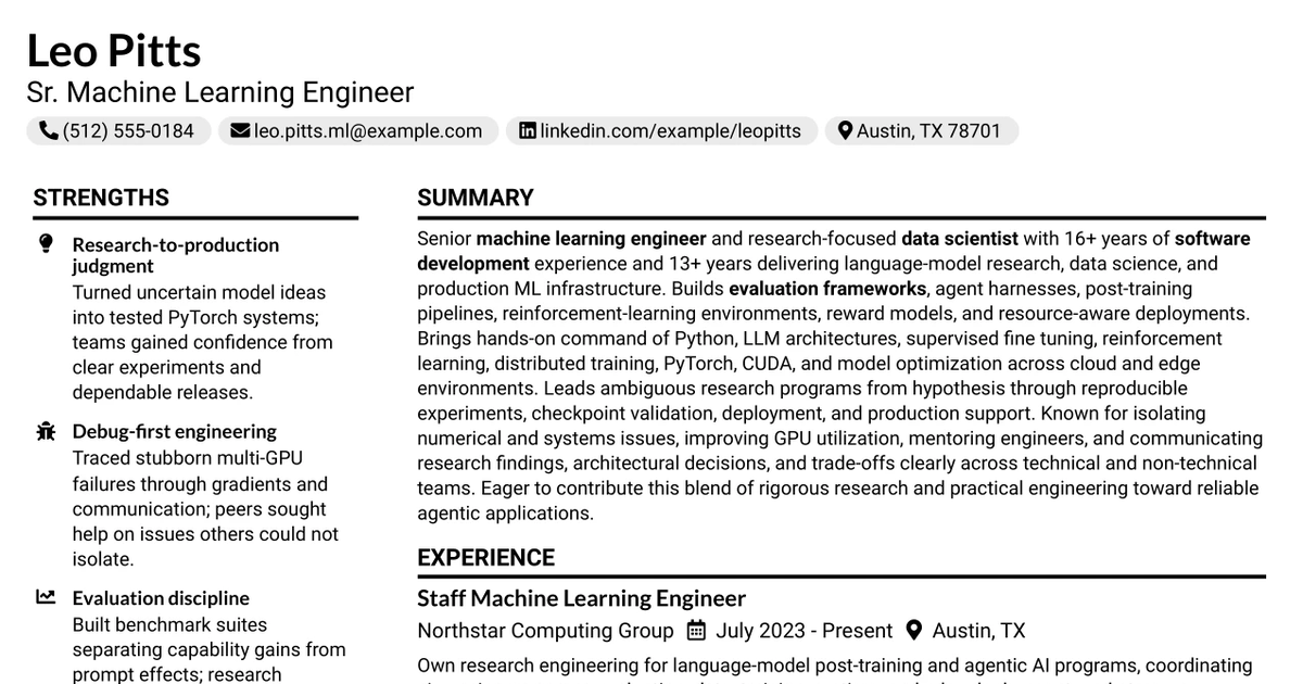 33 Sr. Machine Learning Engineer Resume Templates with Example 2026 (ATS-Optimized)