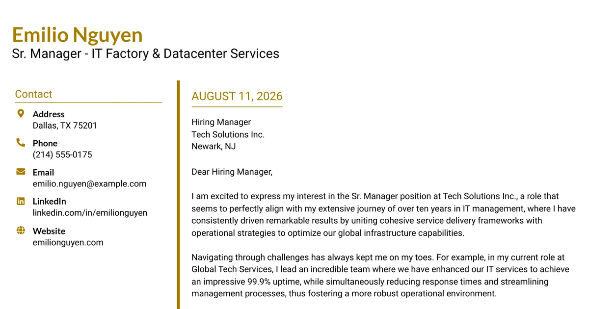 30+ Sr. Manager - IT Factory & Datacenter Services Cover Letter Templates with Example 2026