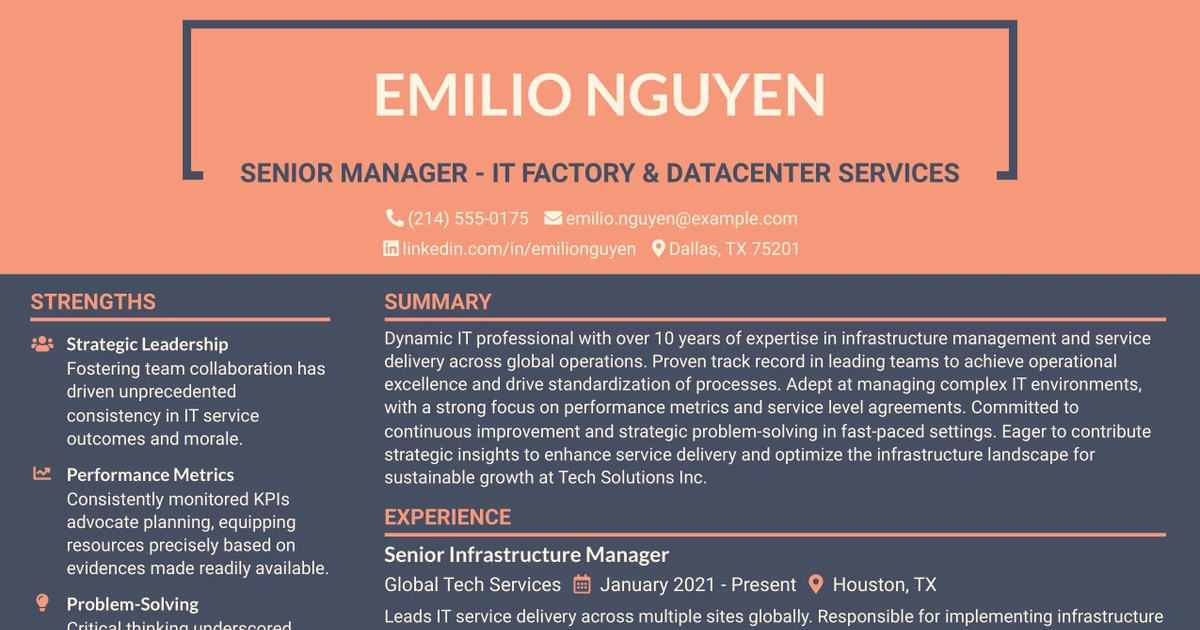 33 Sr. Manager - IT Factory & Datacenter Services Resume Templates with Example 2026 (ATS-Optimized)