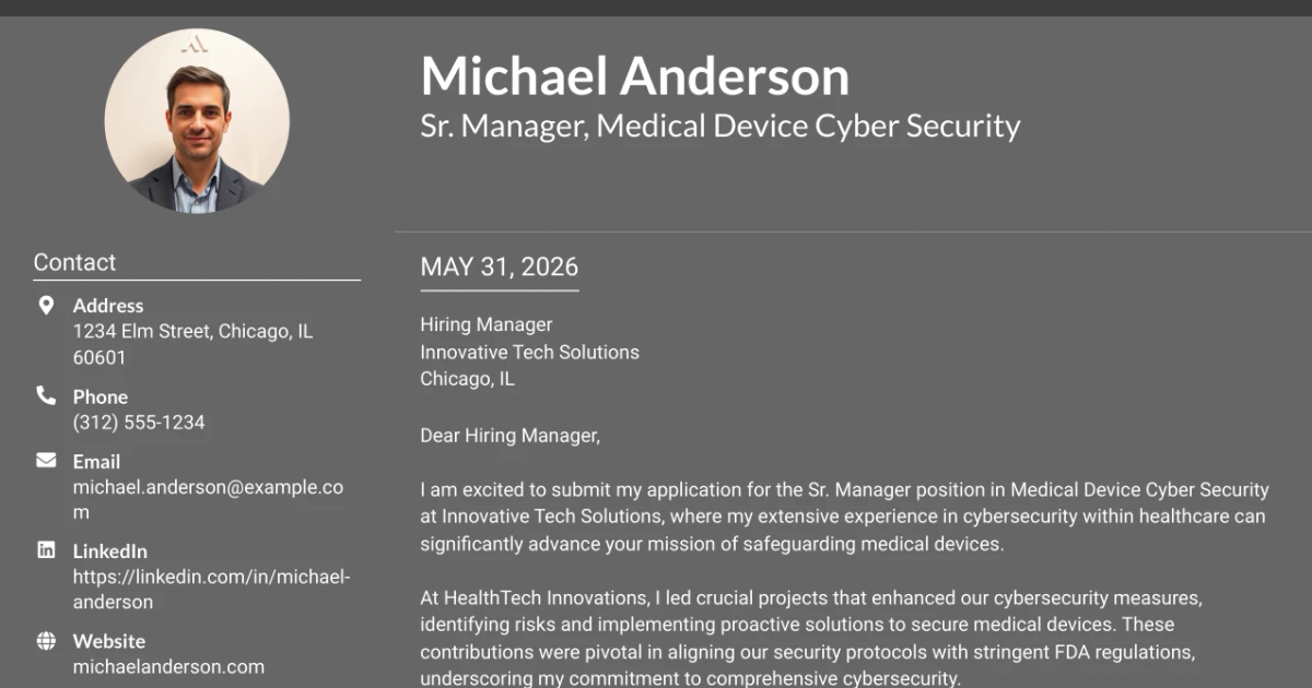 30+ Sr. Manager, Medical Device Cyber Security Cover Letter Templates with Example 2026