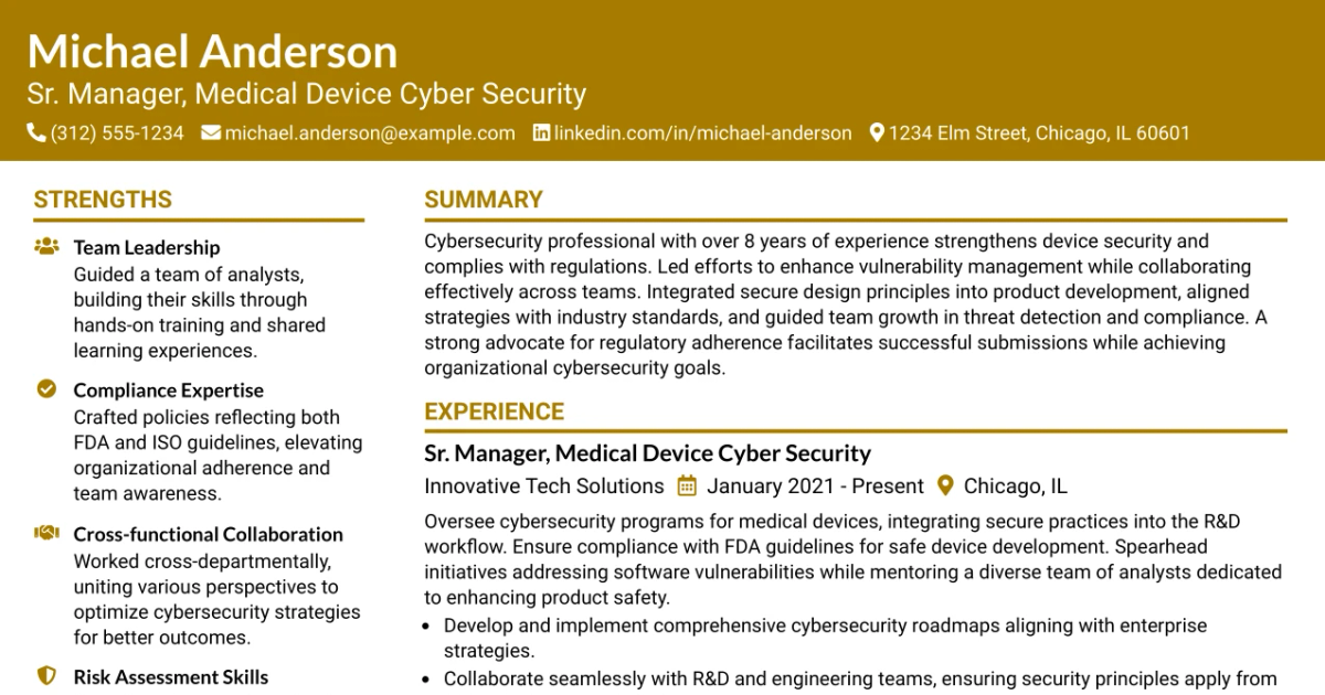 33 Sr. Manager, Medical Device Cyber Security Resume Templates with Example 2026 (ATS-Optimized)