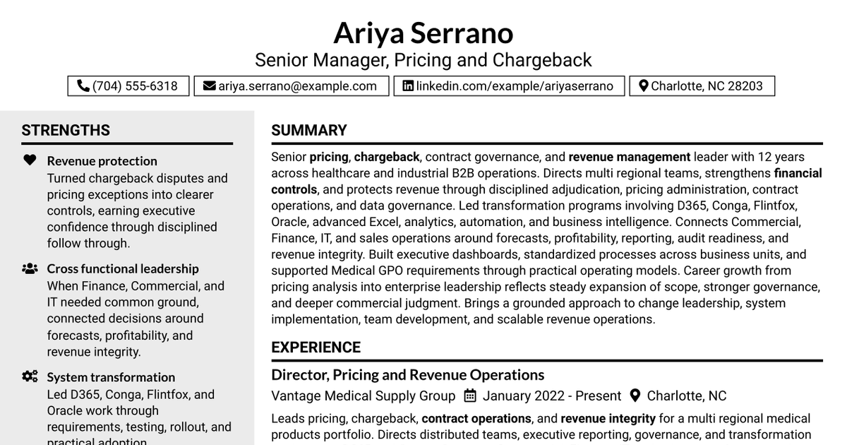 7 Sr. Manager, Pricing & Chargeback Resume Templates with Example