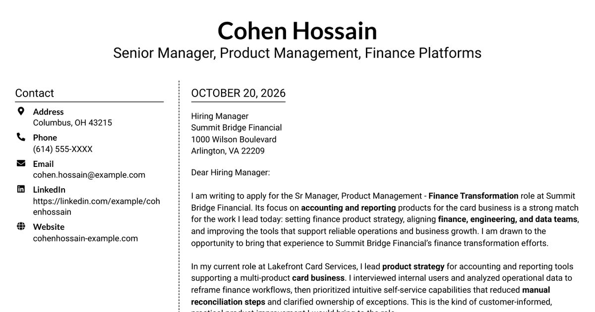 7 Sr Manager, Product Management - Finance Transformation Cover Letter Templates with Example