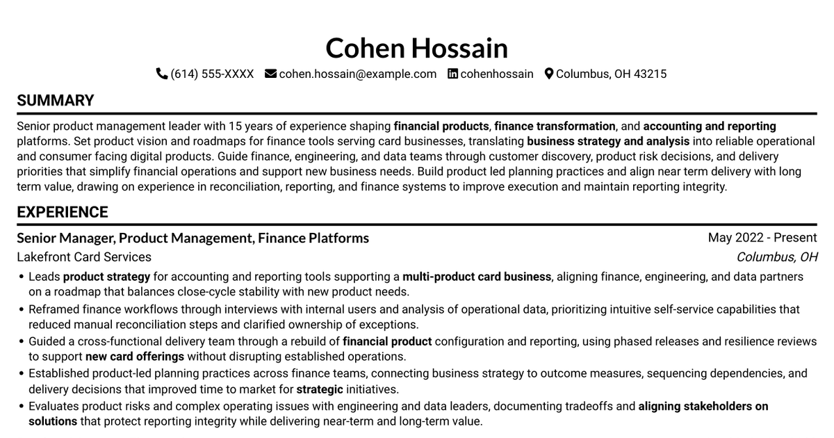 7 Sr Manager, Product Management - Finance Transformation Resume Templates with Example