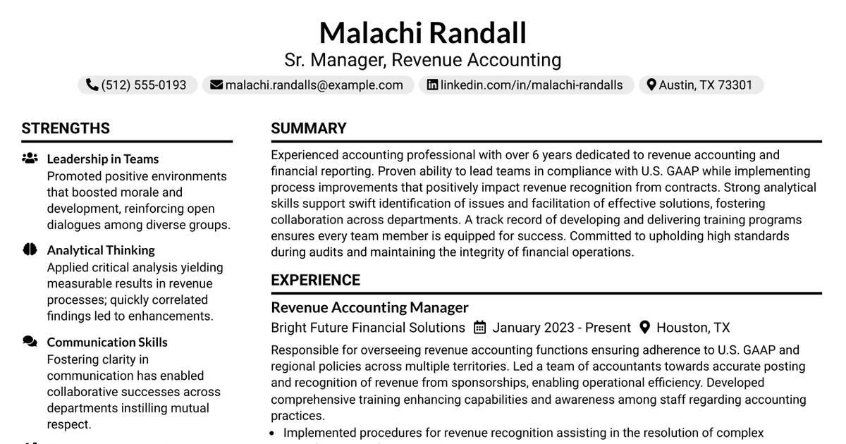 33 Sr. Manager, Revenue Accounting Resume Templates with Example 2026 (ATS-Optimized)