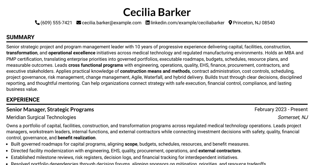 7 Sr. Manager, Strategic Project Mgmt. Resume Templates with Example