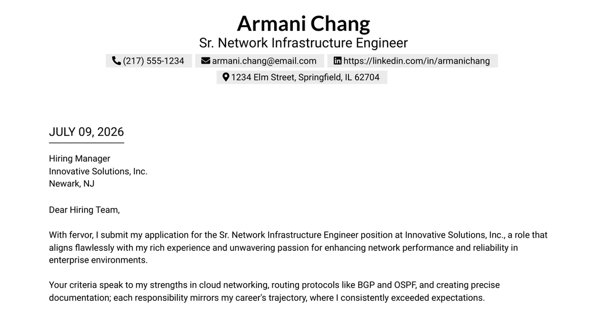 30+ Sr. Network Infrastructure Engineer Cover Letter Templates with Example 2026