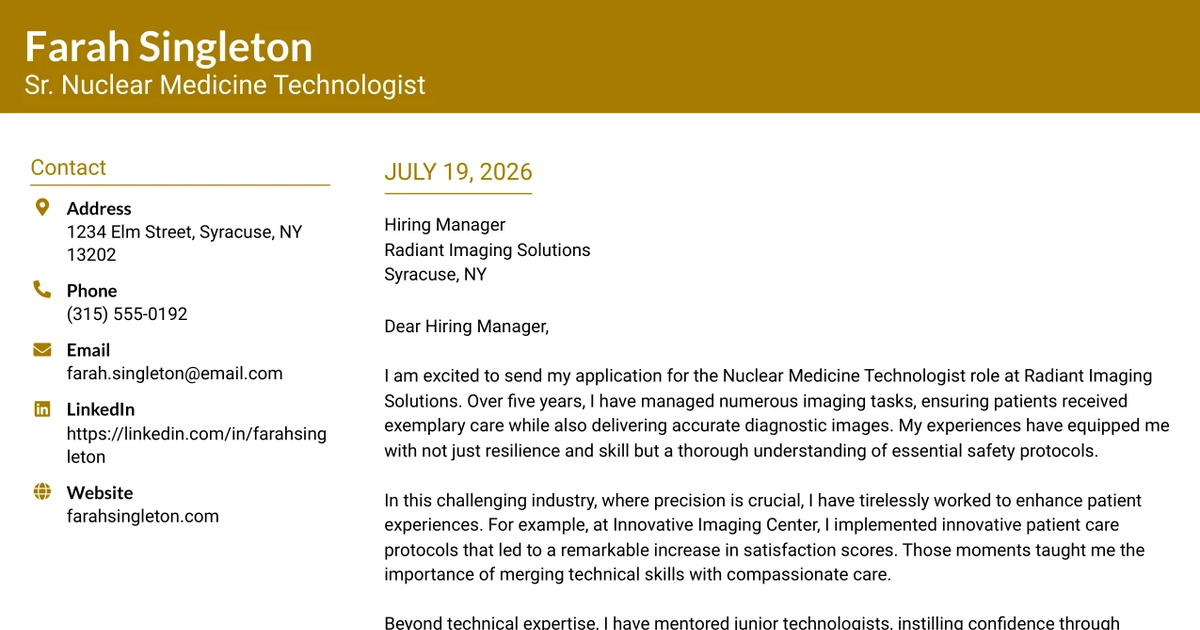 30+ Sr. Nuclear Medicine Technologist Cover Letter Templates with Example 2026