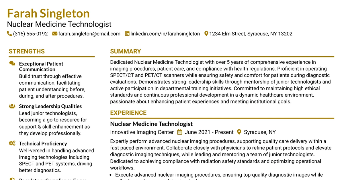 33 Sr. Nuclear Medicine Technologist Resume Templates with Example 2026 (ATS-Optimized)