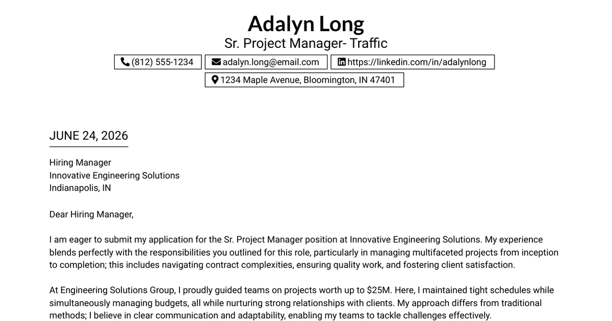 30+ Sr. Project Manager- Traffic Cover Letter Templates with Example 2026