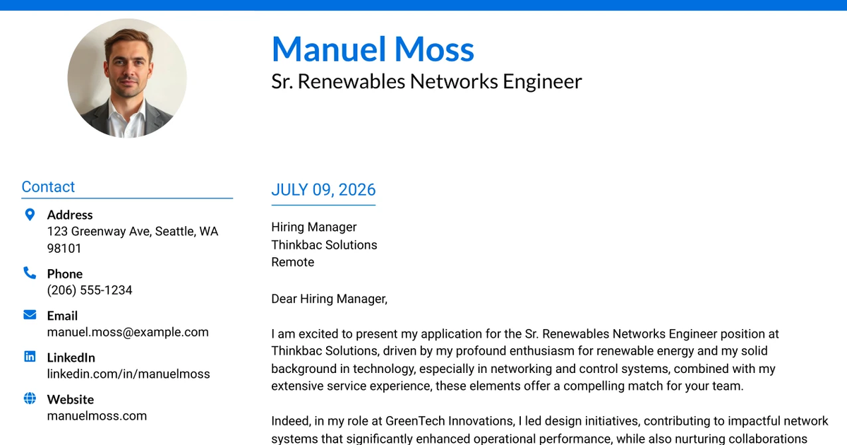 30+ Sr. Renewables Networks Engineer Cover Letter Templates with Example 2026
