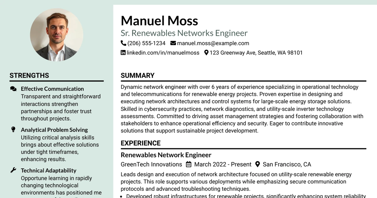 33 Sr. Renewables Networks Engineer Resume Templates with Example 2026 (ATS-Optimized)