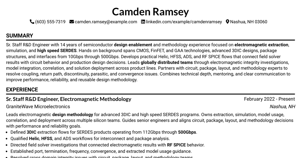7 Sr. Staff R&D Engineer - Electromagnetic Resume Templates with Example