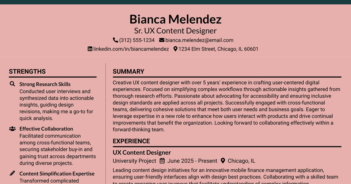 33 Sr. UX Content Designer Resume Templates with Example 2026 (ATS-Optimized)