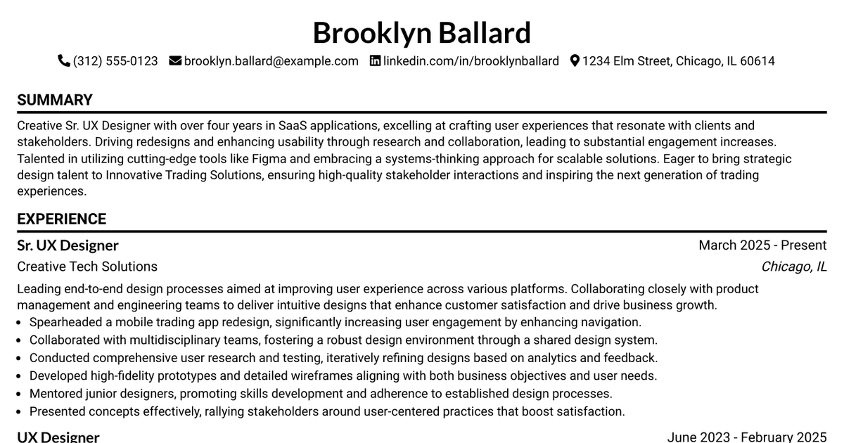 33 Sr. UX Designer Resume Templates with Example 2026 (ATS-Optimized)