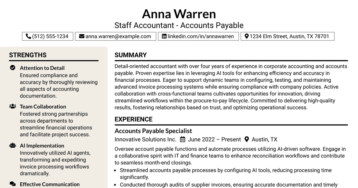 33 Staff Accountant - Accounts Payable Resume Templates with Example 2026 (ATS-Optimized)
