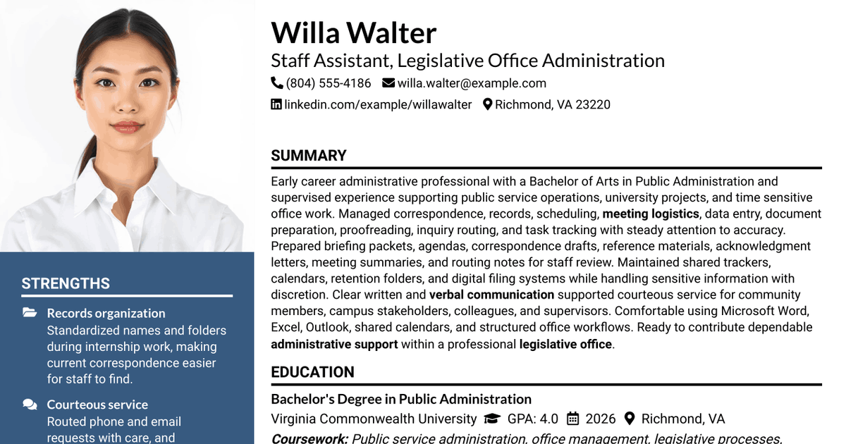7 Staff Assistant - Legislative Office Administration Resume Templates with Example