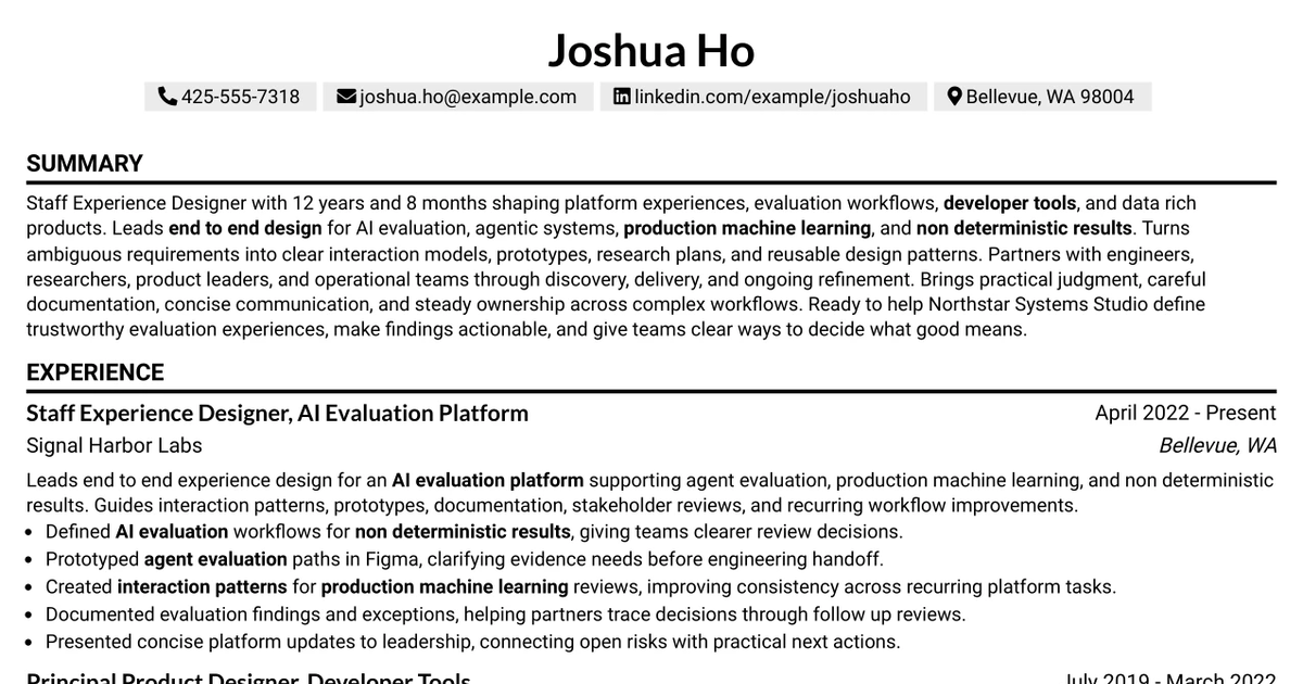33 Staff Experience Designer, AI Evaluation Platform - AI Evaluation Platform Resume Templates with Example 2026 (ATS-Optimized)