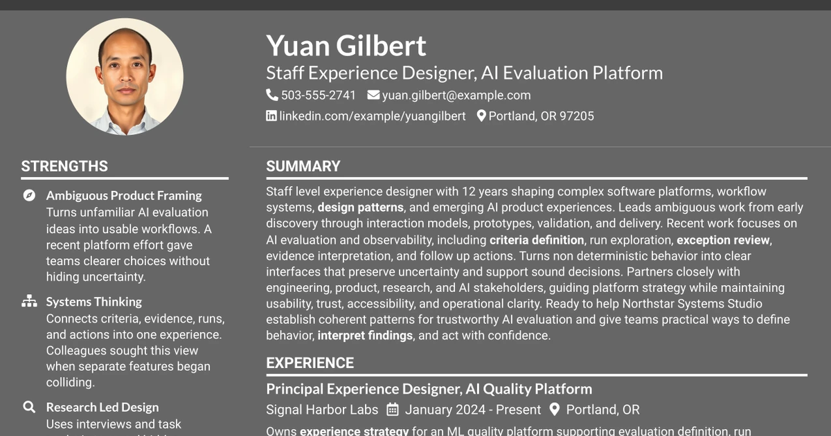 33 Staff Experience Designer - AI Evaluation Platform Resume Templates with Example
