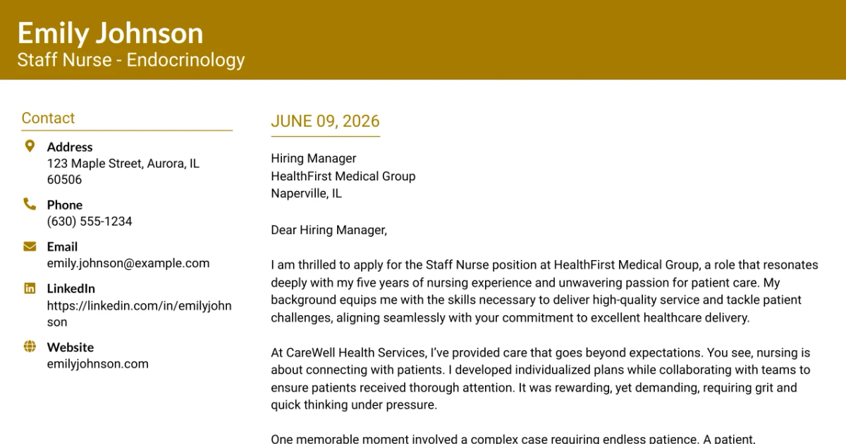 30+ Staff Nurse - Endocrinology Cover Letter Templates with Example 2026