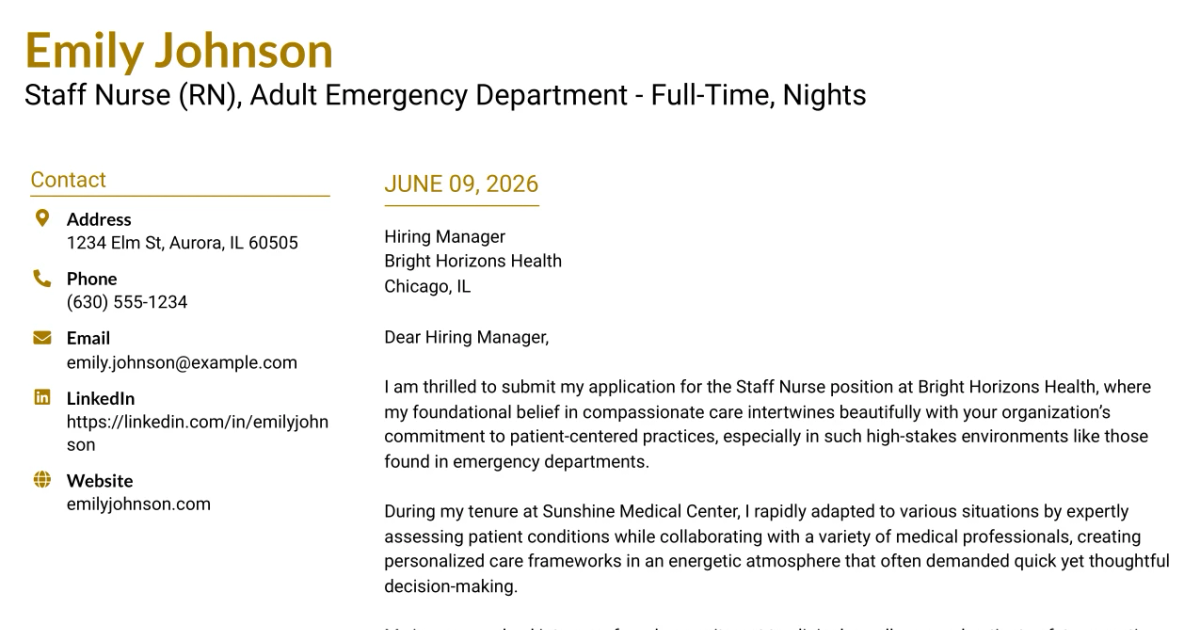 30+ Staff Nurse (RN), Adult Emergency Department - Full-Time, Nights Cover Letter Templates with Example 2026