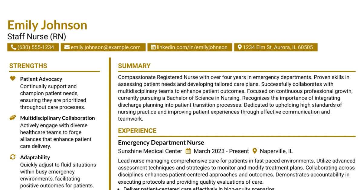 33 Staff Nurse (RN), Adult Emergency Department - Full-Time, Nights Resume Templates with Example 2026