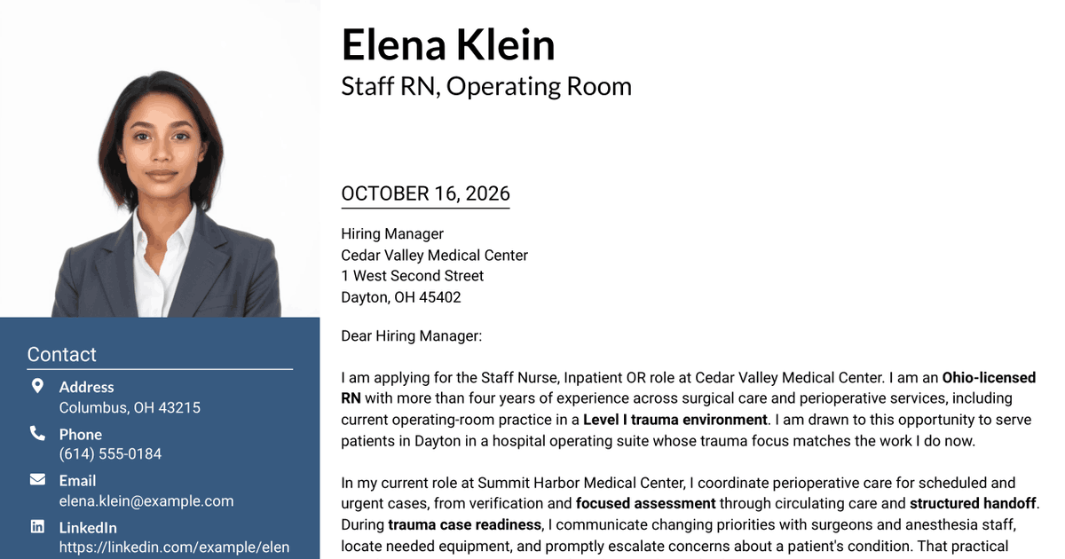 7 Staff Nurse (RN) - Inpatient OR, Level I Trauma Cover Letter Templates with Example