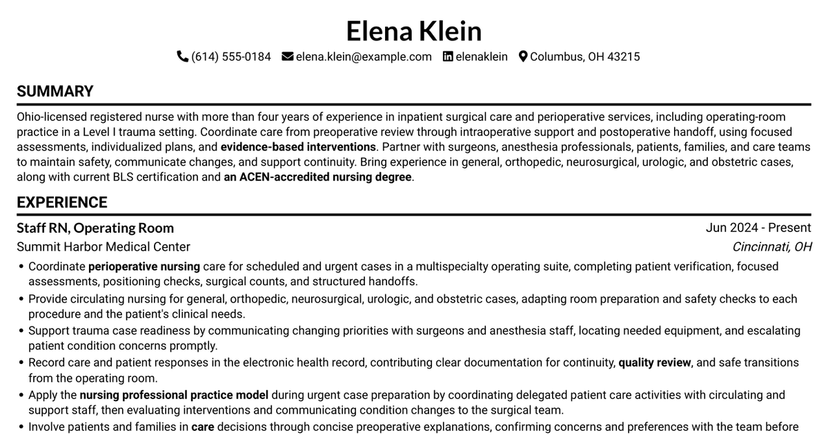 7 Staff Nurse (RN) - Inpatient OR, Level I Trauma Resume Templates with Example