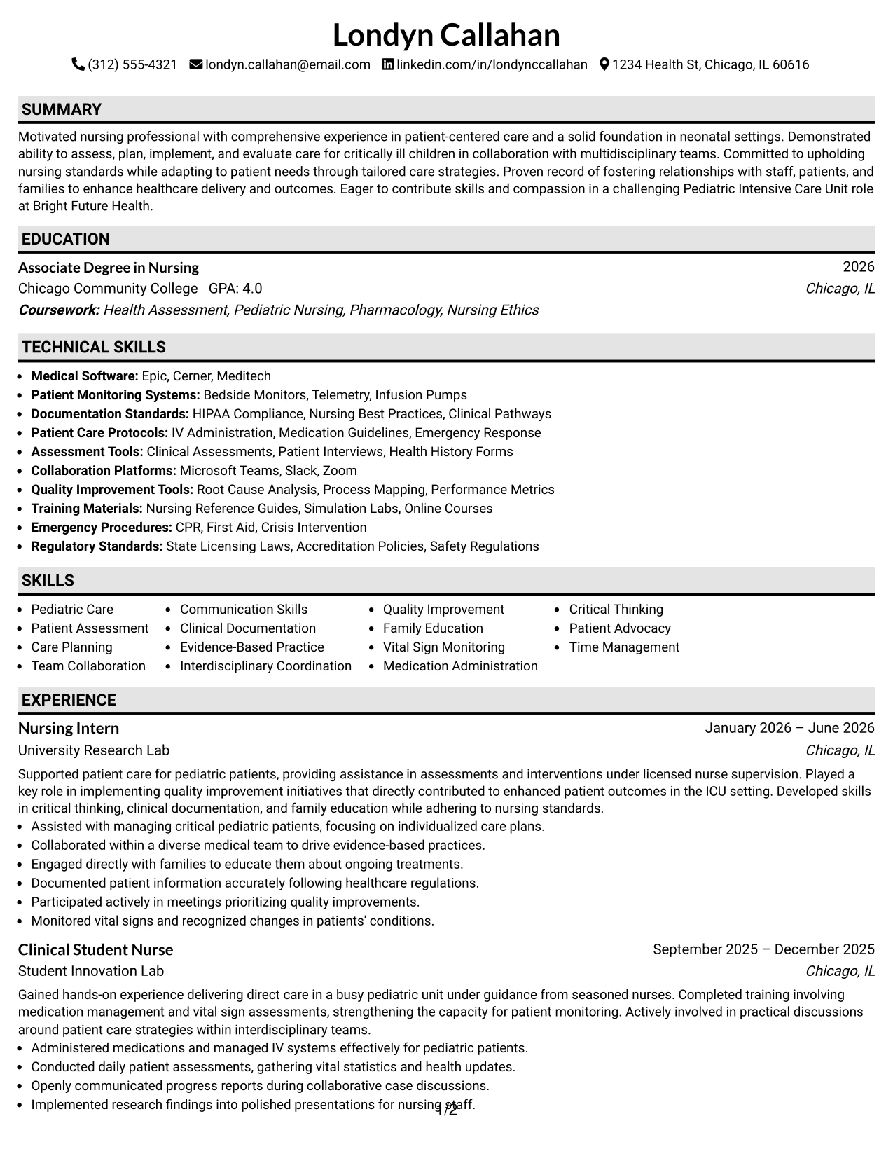 Resume Example Page 1