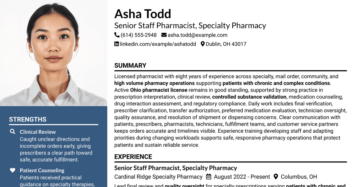 7 Staff Pharmacist - Specialty Pharmacy Resume Templates with Example