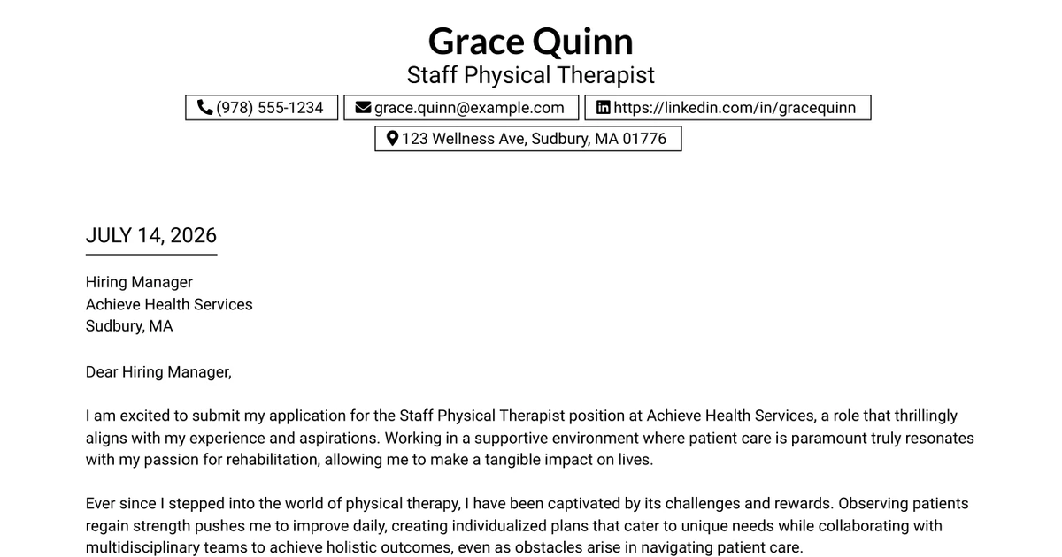 30+ Staff Physical Therapist Cover Letter Templates with Example 2026
