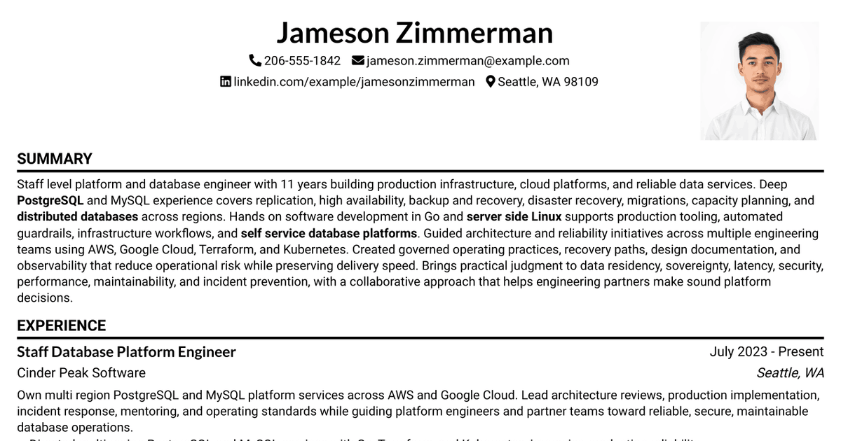 7 Staff Platform Database Engineer Resume Templates with Example