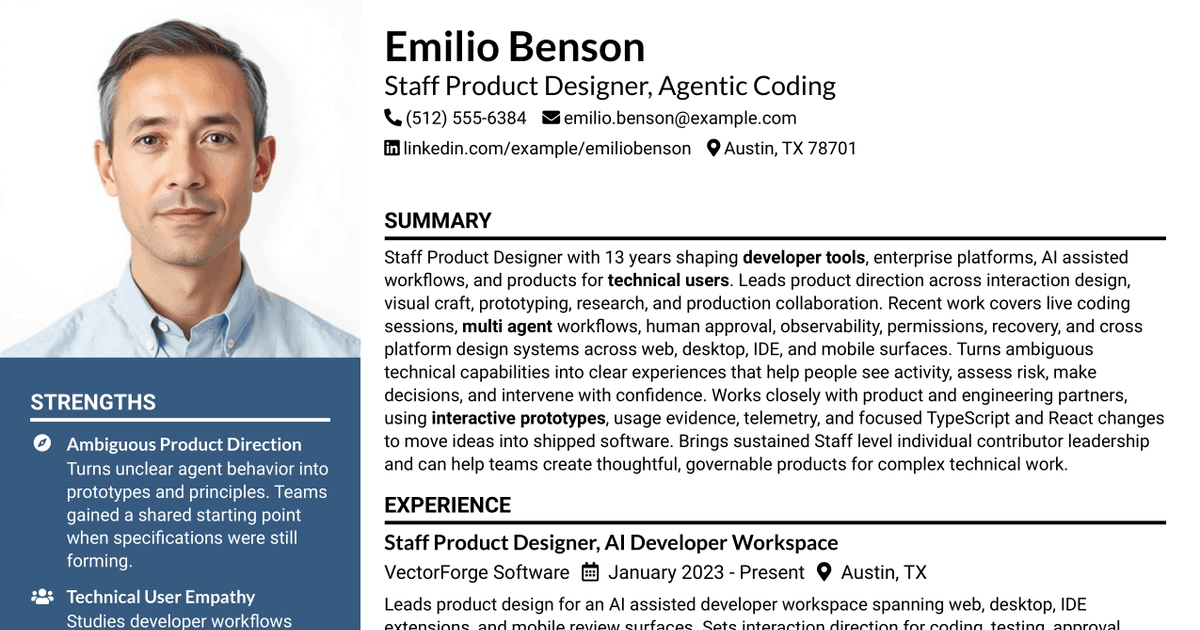 7 Staff Product Designer, Agentic Coding Resume Templates with Example