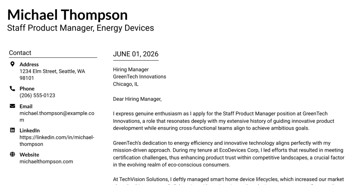 30+ Staff Product Manager, Energy Devices Cover Letter Templates with Example 2026
