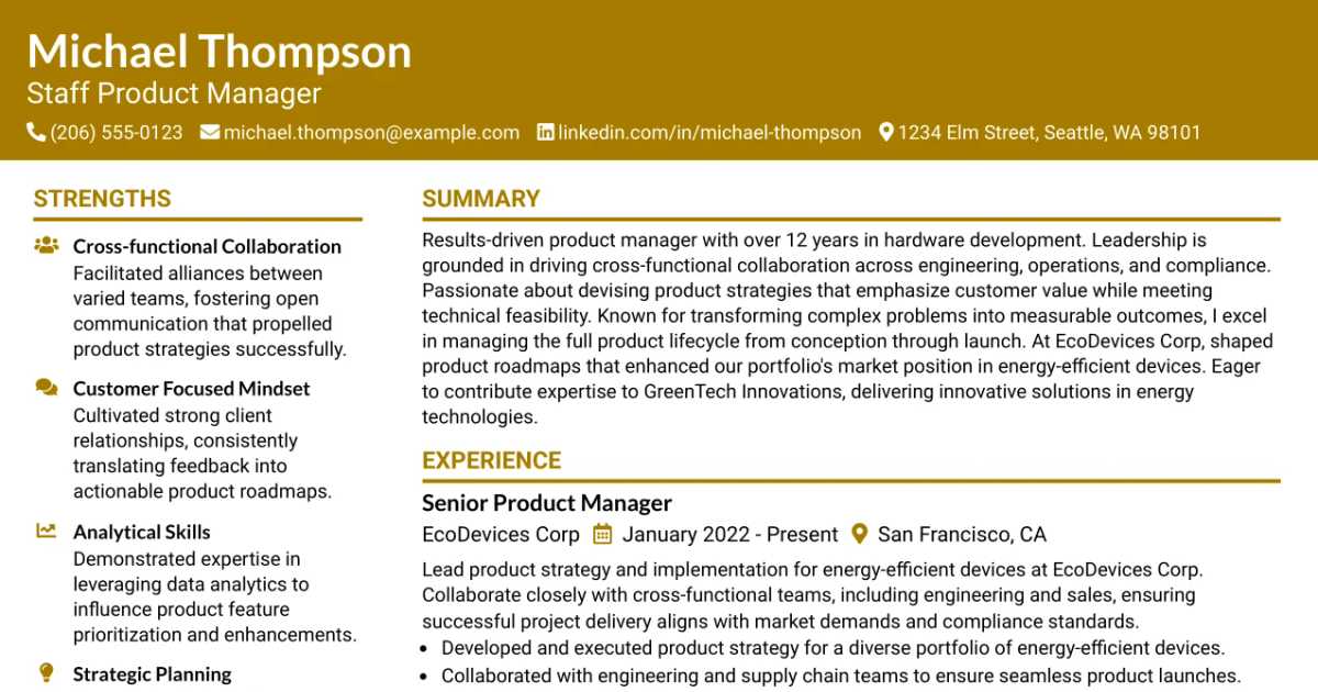 33 Staff Product Manager, Energy Devices Resume Templates with Example 2026 (ATS-Optimized)