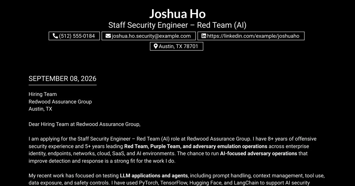 30+ Staff Security Engineer – Red Team (AI) Cover Letter Templates with Example 2026