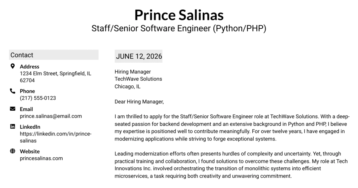 30+ Staff/Senior Software Engineer (Python/PHP) Cover Letter Templates with Example 2026