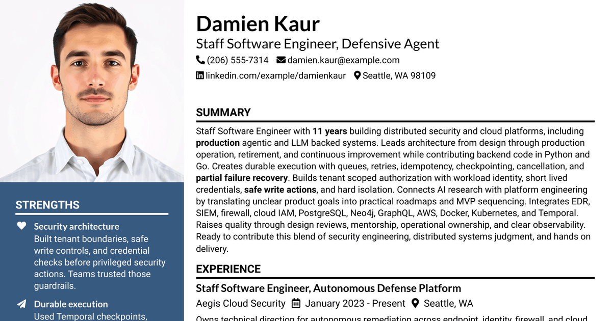 7 Staff Software Engineer - Defensive Agent Resume Templates with Example