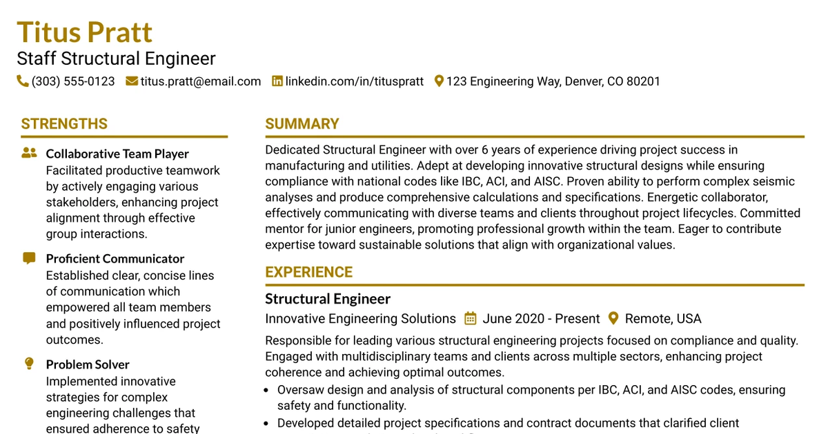 33 Staff Structural Engineer Resume Templates with Example 2026 (ATS-Optimized)