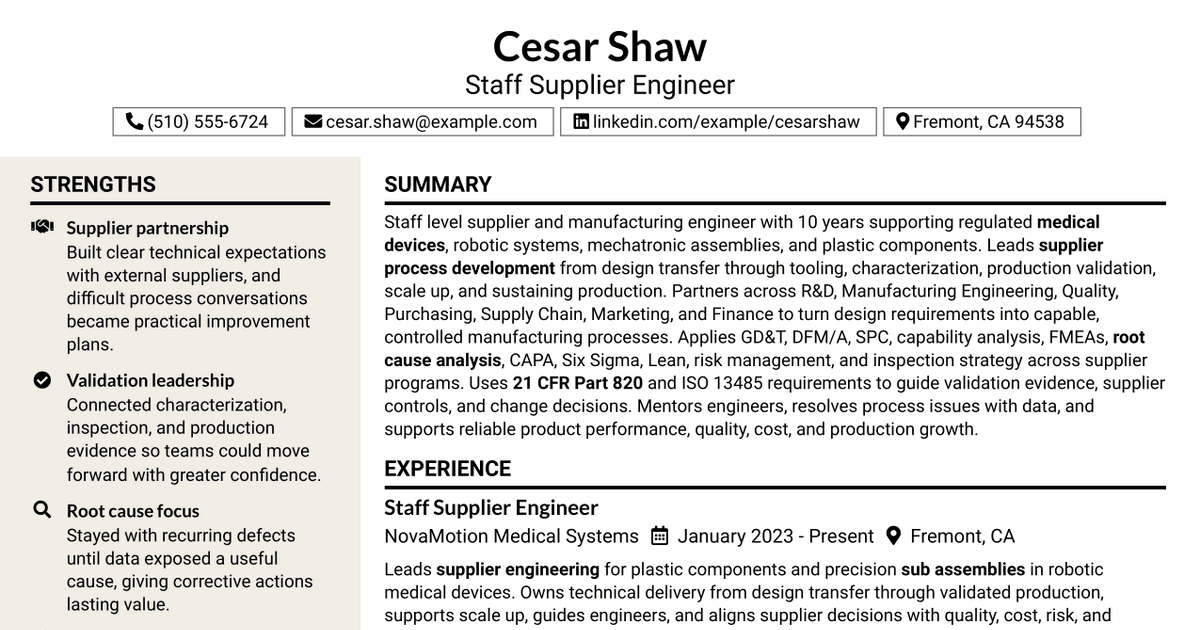 7 Staff Supplier Engineer Resume Templates with Example