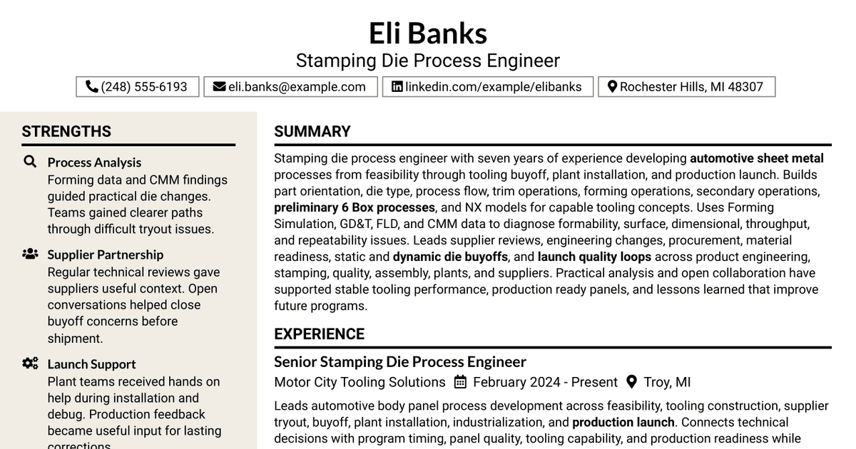 7 Stamping Die Process Engineer Resume Templates with Example