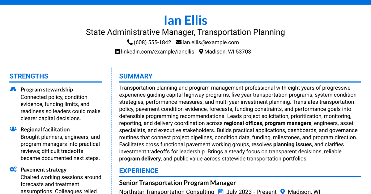 7 State Administrative Manager - Transportation Planning Resume Templates with Example
