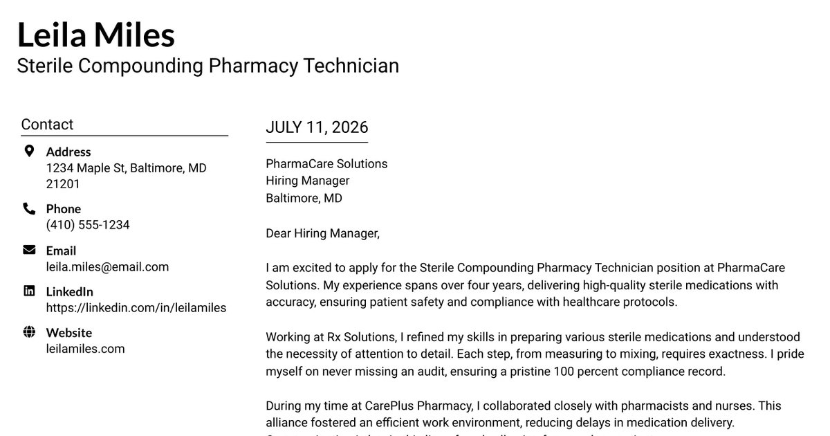 30+ Sterile Compounding Pharmacy Technician Cover Letter Templates with Example 2026
