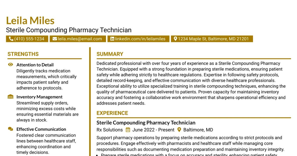 33 Sterile Compounding Pharmacy Technician Resume Templates with Example 2026 (ATS-Optimized)