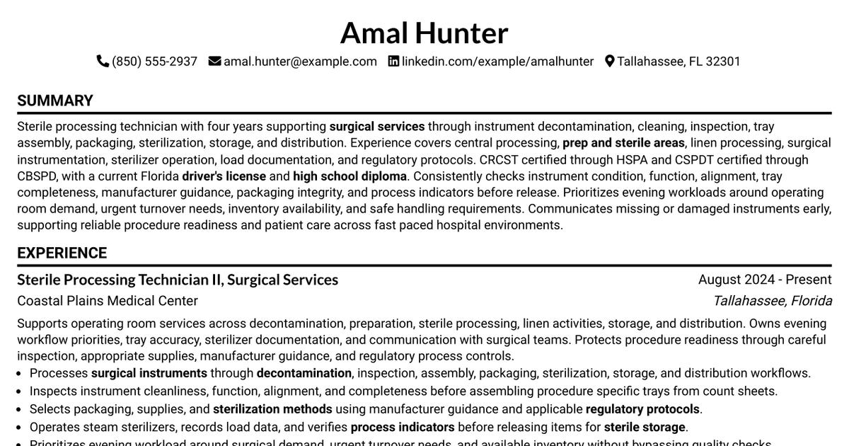 7 Sterile Processing Technician, Central Sterile Resume Templates with Example