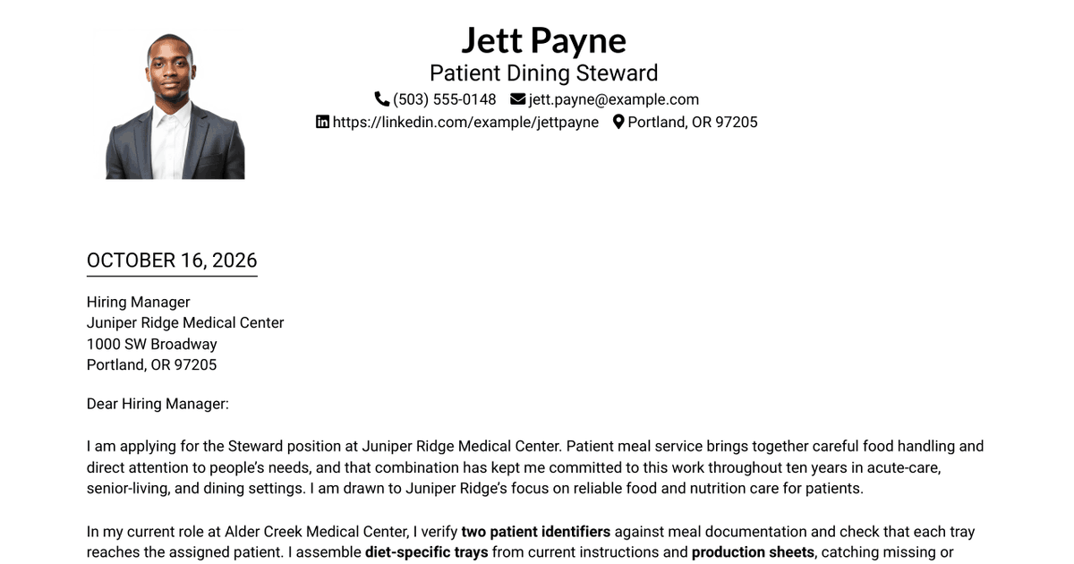 7 Steward - Patient Food Service Cover Letter Templates with Example